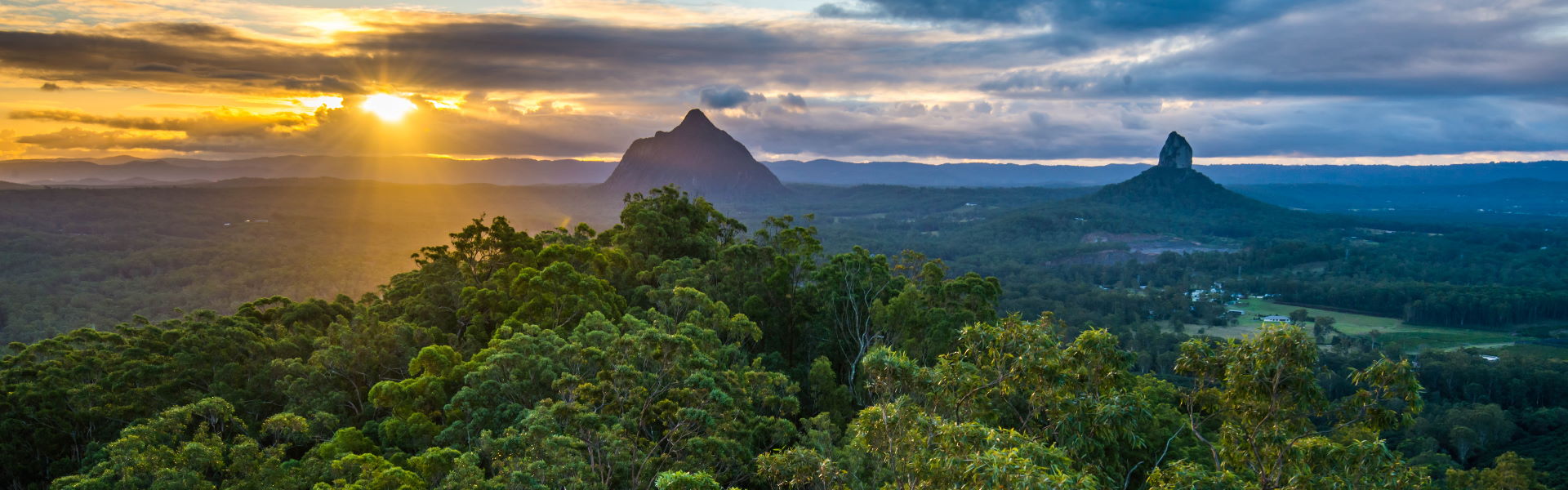 Image showing a sunset view of the Glasshouse Mountains